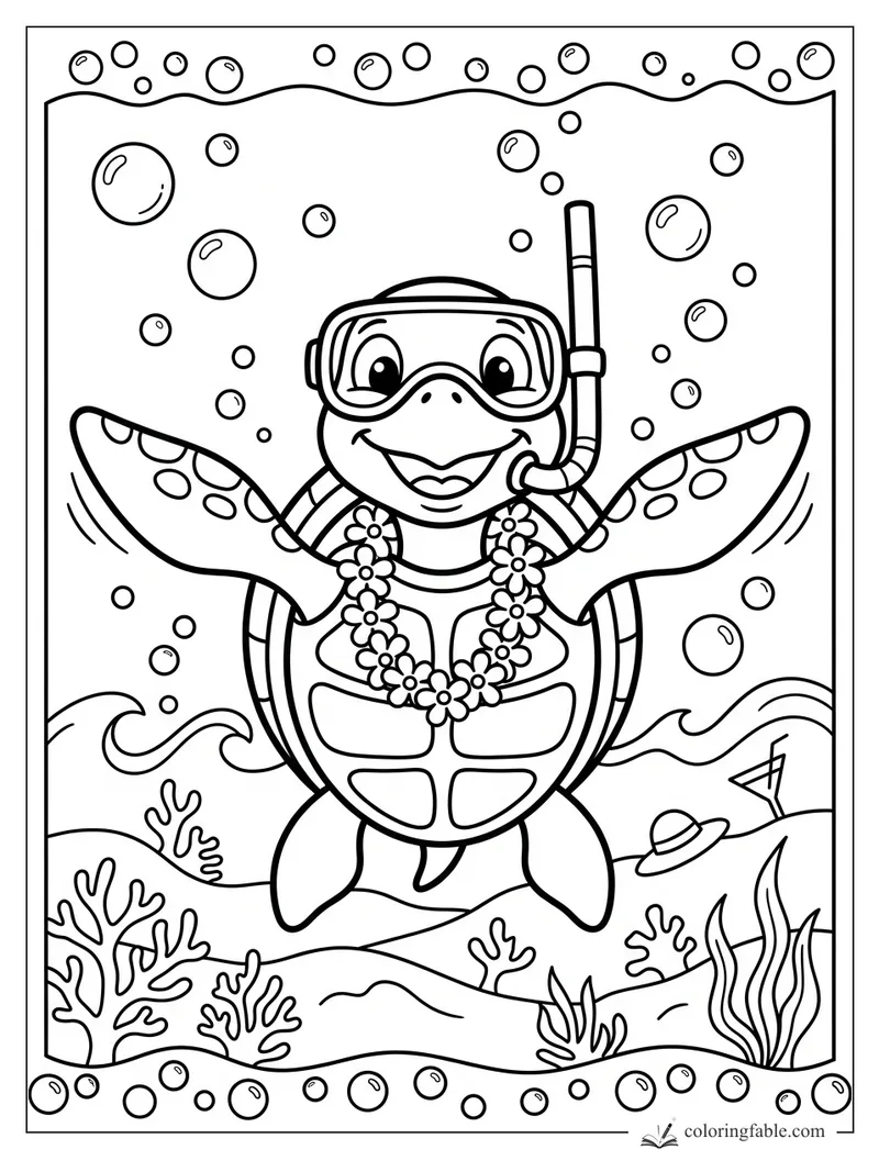Cartoon turtle wearing snorkel goggles and a flower lei, swimming among bubbles, coral, and waves.