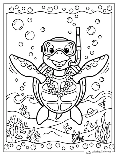 Cartoon turtle wearing snorkel goggles and a flower lei, swimming among bubbles, coral, and waves.