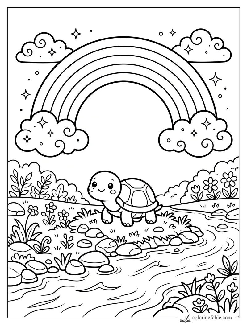 Kawaii turtle by a stream under a rainbow, swirly clouds, stars, rocks, grass, and flowers.
