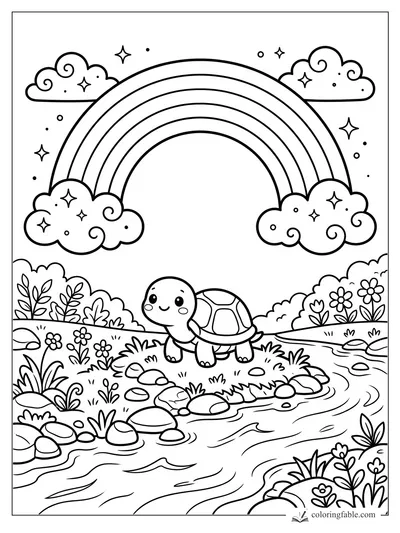 Kawaii turtle by a stream under a rainbow, swirly clouds, stars, rocks, grass, and flowers.