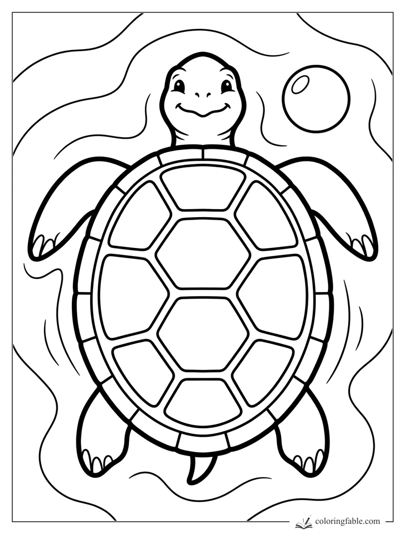 Bold easy coloring page of a smiling turtle swimming beside a round bubble and wavy water lines.