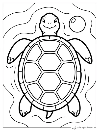 Bold easy coloring page of a smiling turtle swimming beside a round bubble and wavy water lines.