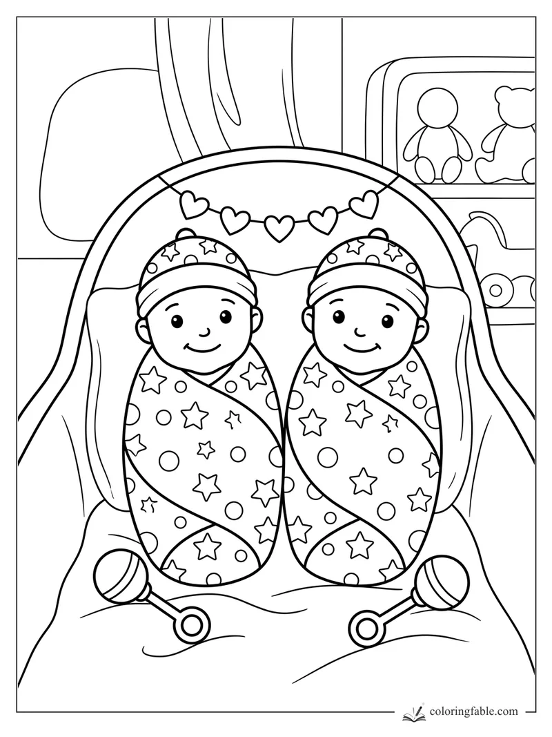 Twin babies swaddled in star blankets, smiling in a crib with heart garland, rattles, and toy shelf