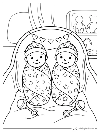 Twin babies swaddled in star blankets, smiling in a crib with heart garland, rattles, and toy shelf