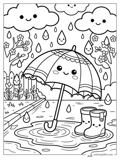 Kawaii umbrella and rain boots smiling in a puddle with happy clouds, raindrops, flowers, and fence.