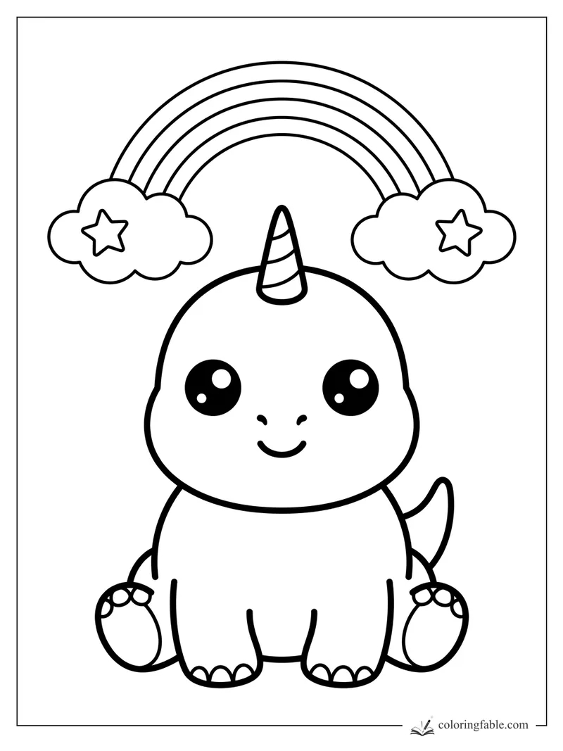 Kawaii baby dinosaur with a unicorn horn, rainbow, clouds, and star shapes