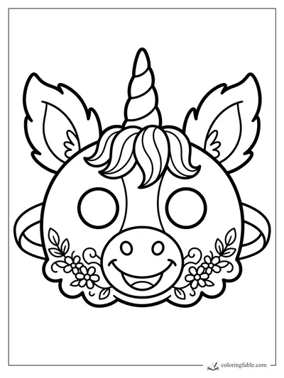 Bold unicorn face with striped horn, leafy ears, big eyes, smile, and flower cheeks