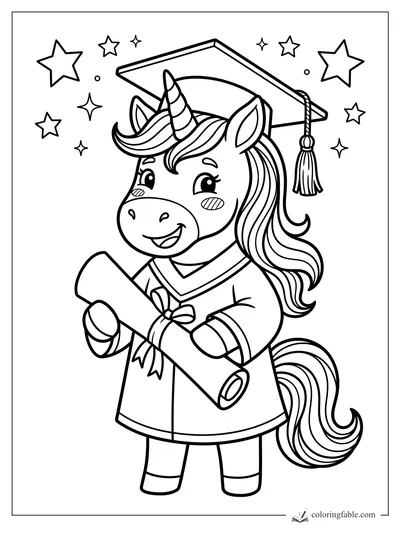Smiling unicorn in graduation cap holding a tied diploma, with stars around her tassel and mane.