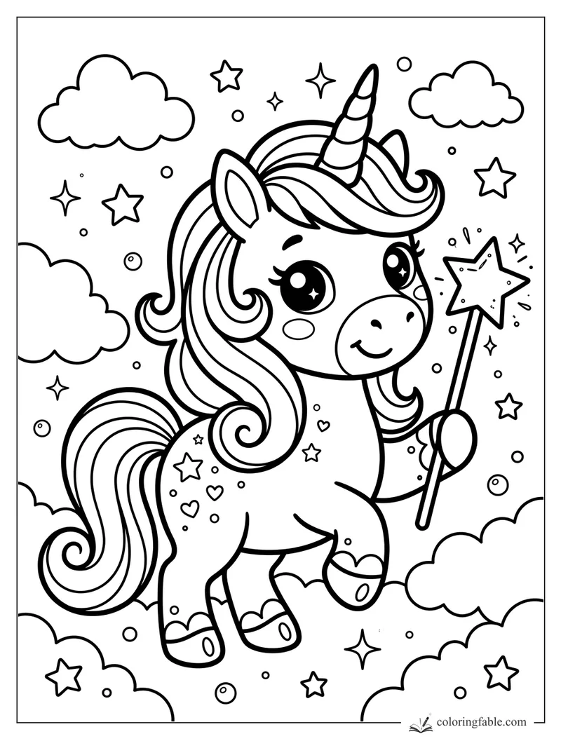 Kawaii unicorn horse smiling with a star wand, striped horn, clouds, stars, hearts, and curly mane