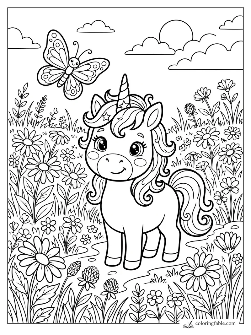 Cartoon unicorn smiling in a flower meadow with a large butterfly, clouds, and sunrise