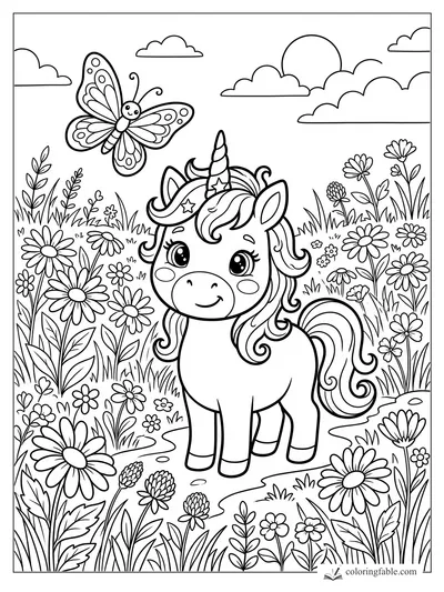 Cartoon unicorn smiling in a flower meadow with a large butterfly, clouds, and sunrise