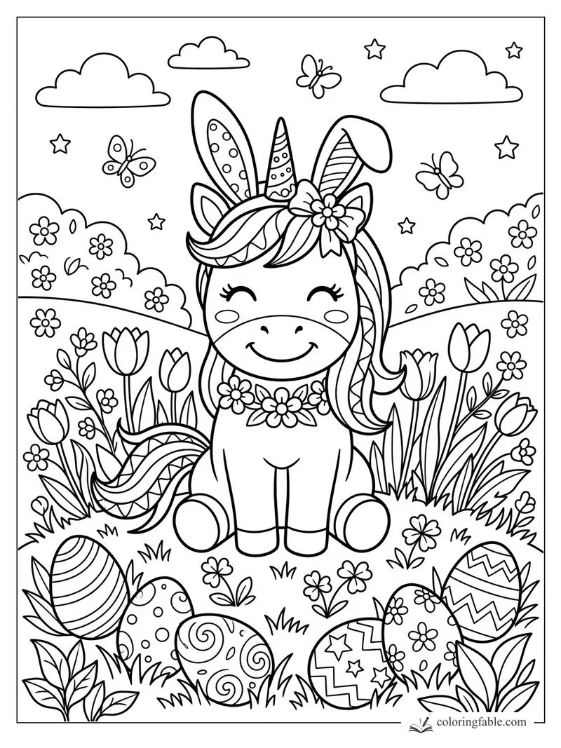 Smiling unicorn with bunny ears, flowers, butterflies, clouds, stars, and patterned Easter eggs
