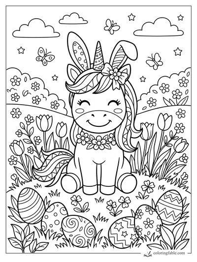 Smiling unicorn with bunny ears, flowers, butterflies, clouds, stars, and patterned Easter eggs