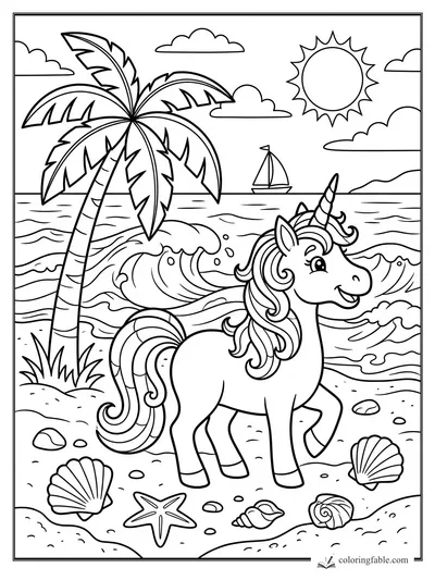 Cartoon unicorn on a beach with palm tree, waves, sailboat, sun, clouds, shells, and starfish.