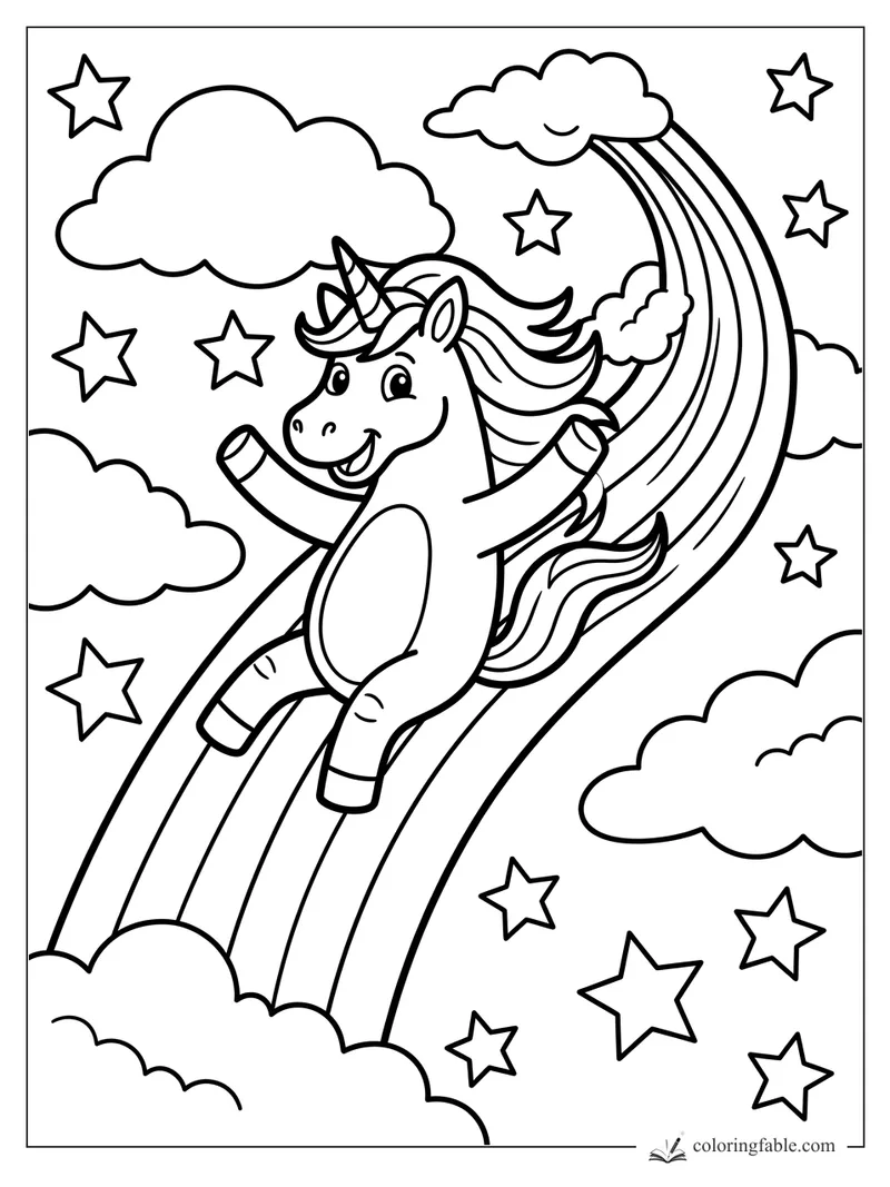 Happy unicorn sliding down a rainbow with fluffy clouds and stars