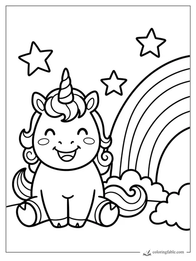 Easy unicorn coloring page with a smiling baby unicorn, rainbow, clouds, and three stars