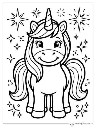 Easy unicorn coloring page with a smiling face, striped horn, flowing mane, curly tail, and stars.