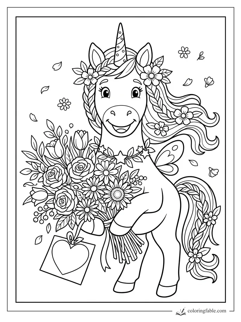 Smiling unicorn holding a large flower bouquet beside a small heart gift tag, with blossoms in its mane.