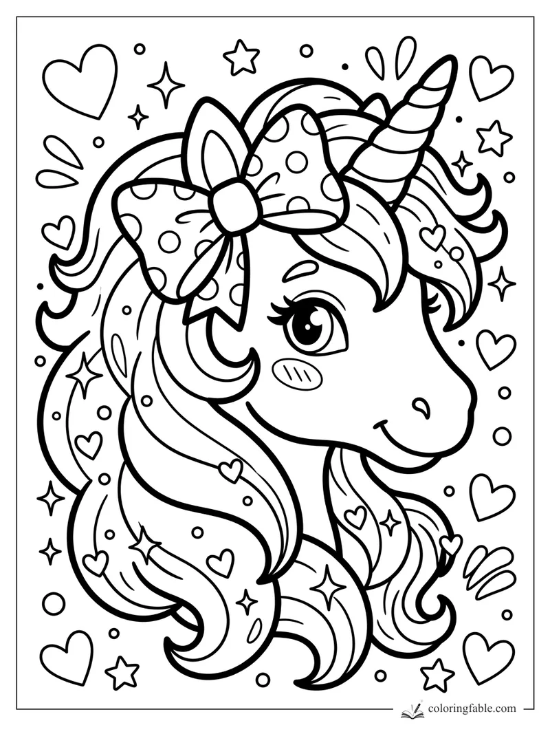 Bold unicorn coloring page with striped horn, polka-dot bow, flowing mane, hearts, stars, and bubbles.