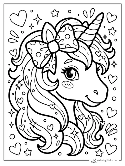 Bold unicorn coloring page with striped horn, polka-dot bow, flowing mane, hearts, stars, and bubbles.