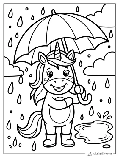 Cute unicorn holding a big umbrella in the rain beside a puddle and clouds.