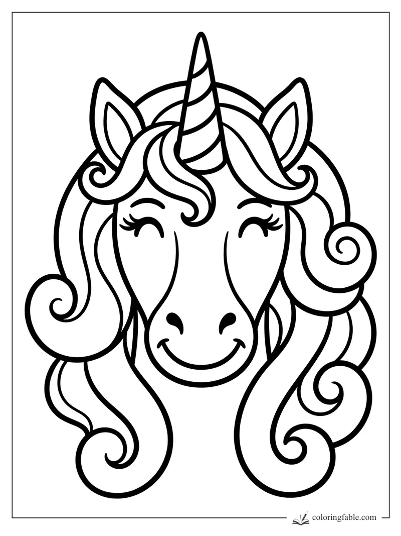 Easy unicorn head coloring page with closed eyes, striped horn, pointed ears, and big curly mane.