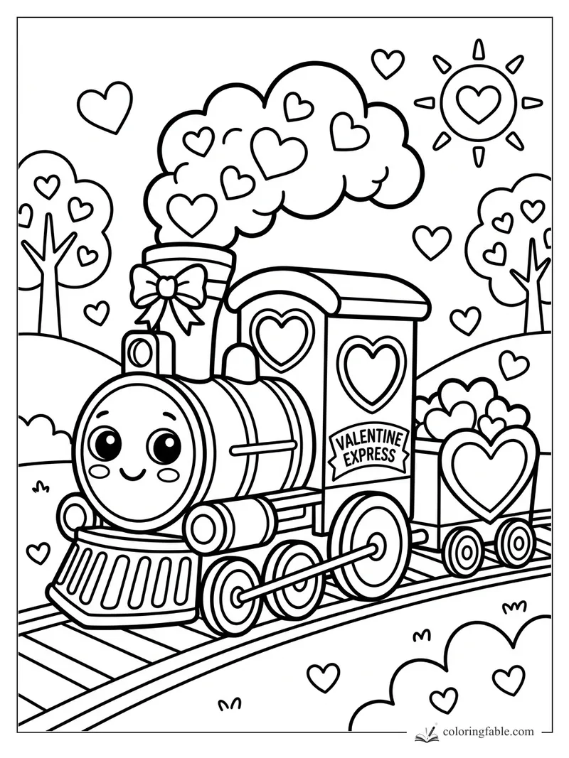 Kawaii Valentine Express train with heart smoke, bow, heart trees, and a cart full of hearts