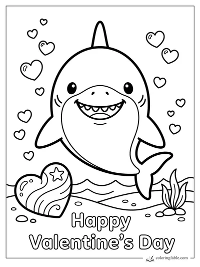 Kawaii shark smiling above waves with floating hearts, sea grass, and Happy Valentine’s Day text