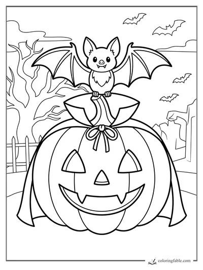 Cute vampire bat with spread wings perched on a smiling jack-o’-lantern in a spooky graveyard scene