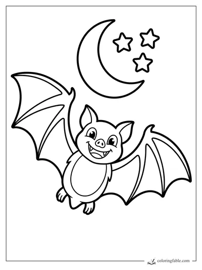 Cute vampire bat with wide wings flying under a crescent moon and three stars