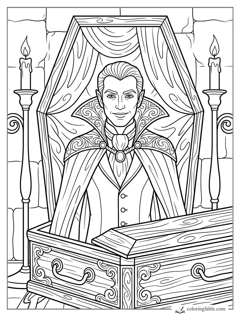 Realistic vampire smiling in an open coffin between tall candles and stone walls