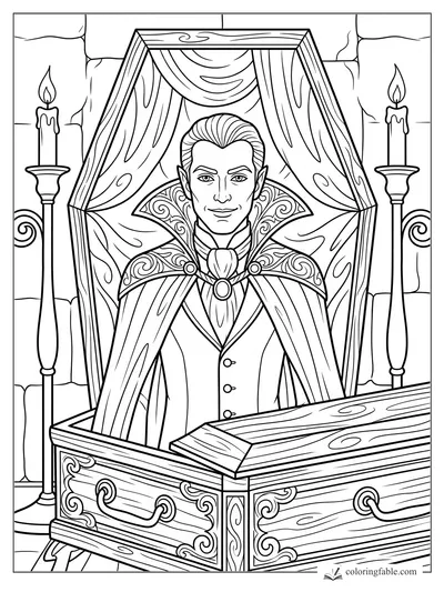 Realistic vampire smiling in an open coffin between tall candles and stone walls