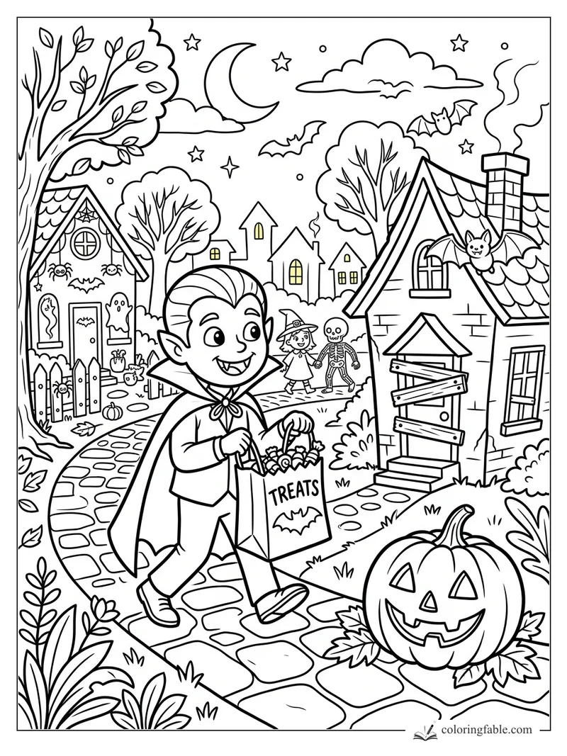 Cartoon vampire carrying a treats bag past pumpkins, bats, haunted houses, moon, and stars on Halloween night.