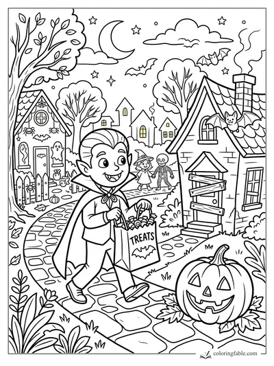 Cartoon vampire carrying a treats bag past pumpkins, bats, haunted houses, moon, and stars on Halloween night.