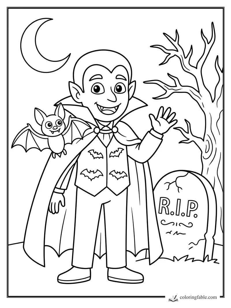 Cartoon vampire waving beside a bat, crescent moon, bare tree, and R.I.P. gravestone coloring page