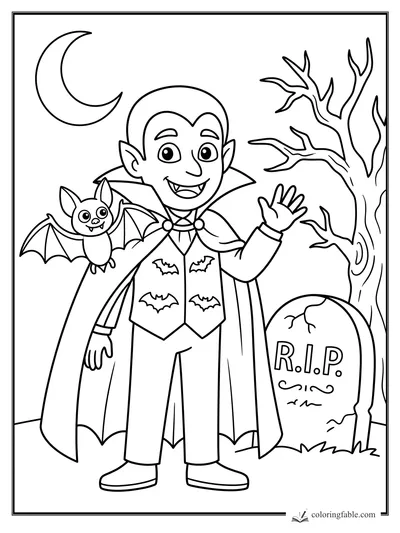 Cartoon vampire waving beside a bat, crescent moon, bare tree, and R.I.P. gravestone coloring page