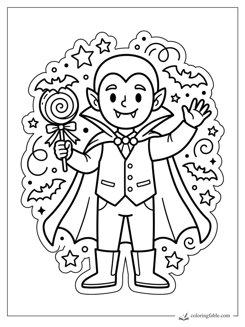 Cute vampire sticker holding a swirl lollipop, waving among bats, stars, curls, and dots.