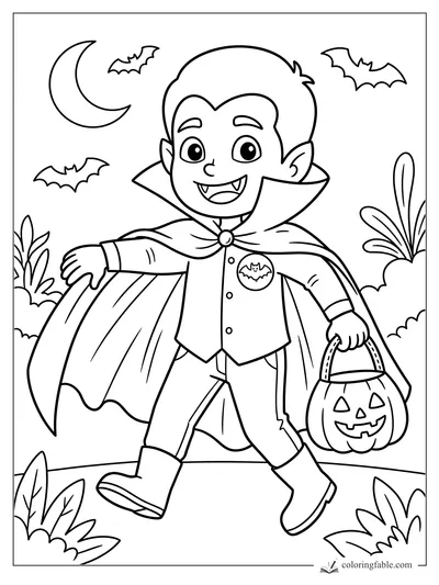 Cartoon vampire in a cape carrying a jack-o'-lantern pail under bats and a crescent moon