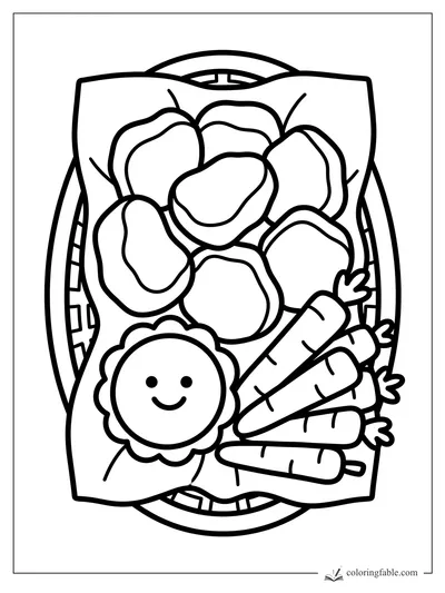 Easy coloring page of a smiling veggie basket with carrots, potatoes, and a round flower face.