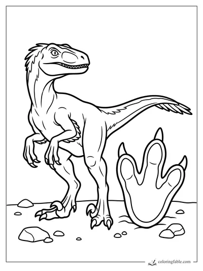 Minimalist velociraptor with a toothy grin standing by a huge three-toed footprint and rocks.