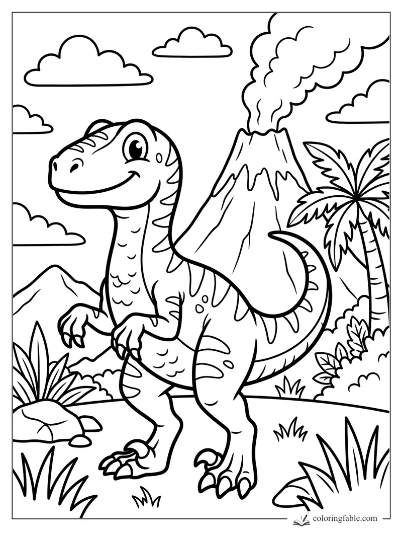 Cartoon velociraptor smiling near a smoking volcano, palm tree, clouds, rocks, and jungle plants.