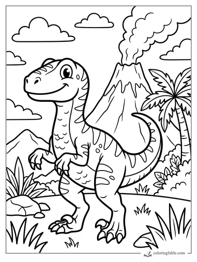 Cartoon velociraptor smiling near a smoking volcano, palm tree, clouds, rocks, and jungle plants.