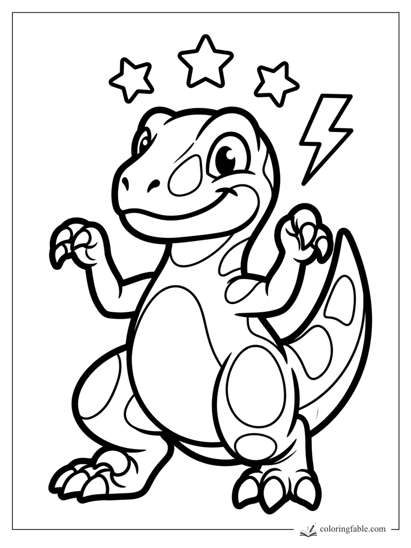 Cute sticker-style velociraptor smiling with raised claws, stars, and a lightning bolt.
