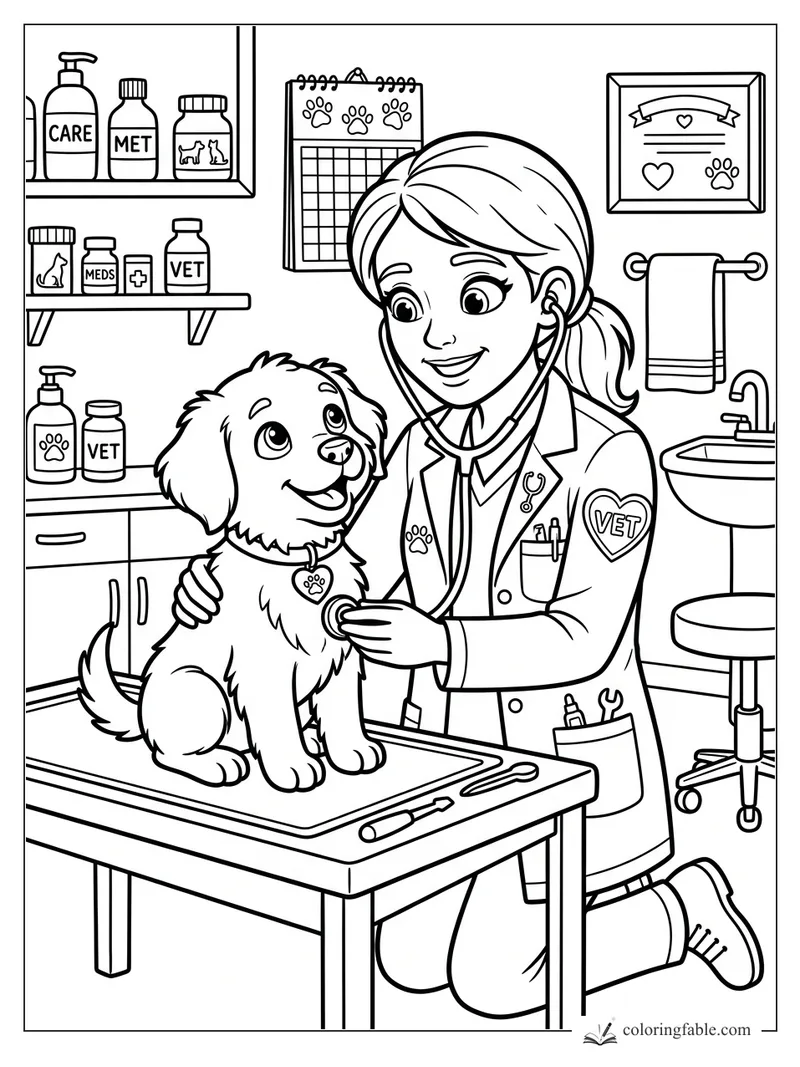 Cartoon veterinarian listening to a happy puppy’s heartbeat in a clinic with pet medicine shelves.