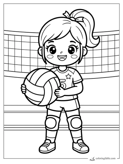 Kawaii girl volleyball player holding a ball in front of the net, wearing number 5 and knee pads.