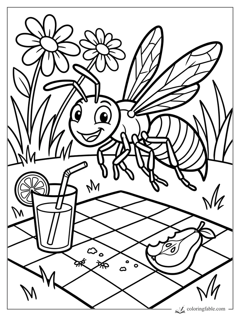 Cartoon wasp hovering over a picnic blanket with lemonade, pear slice, daisies, ants, and grass.