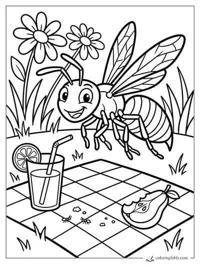 Cartoon wasp hovering over a picnic blanket with lemonade, pear slice, daisies, ants, and grass.
