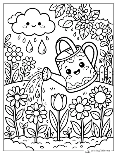 Kawaii watering can pouring over daisies and a tulip under a smiling rain cloud.