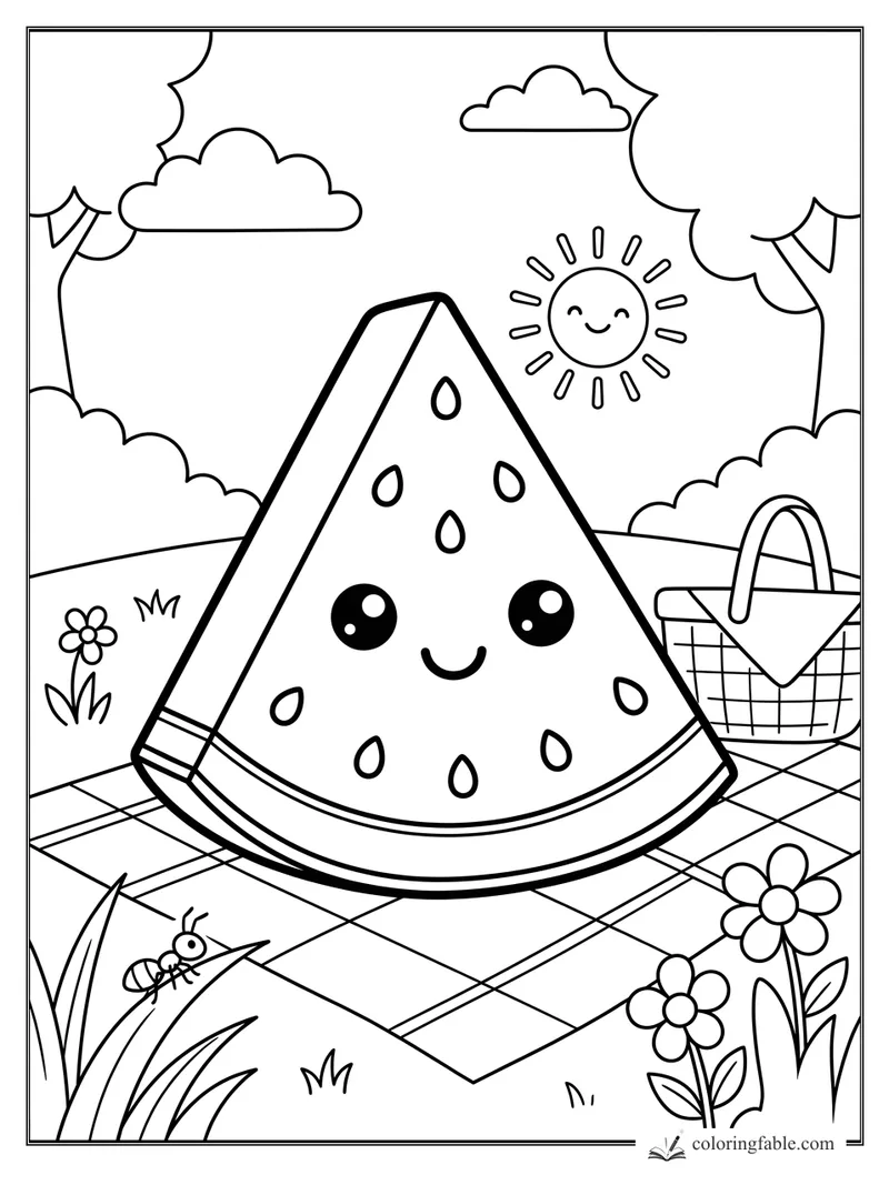 Kawaii watermelon slice smiling on a picnic blanket with basket, flowers, sun, clouds, and tiny ant.