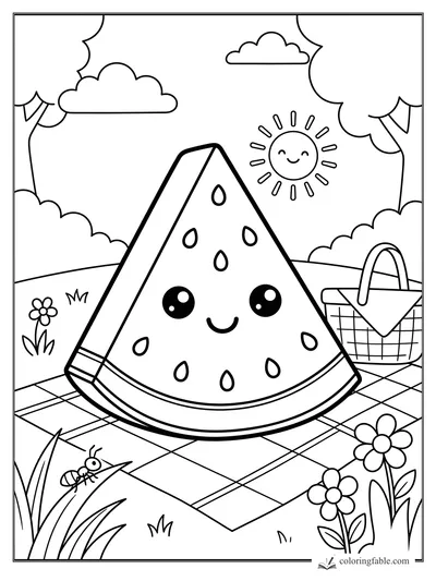 Kawaii watermelon slice smiling on a picnic blanket with basket, flowers, sun, clouds, and tiny ant.